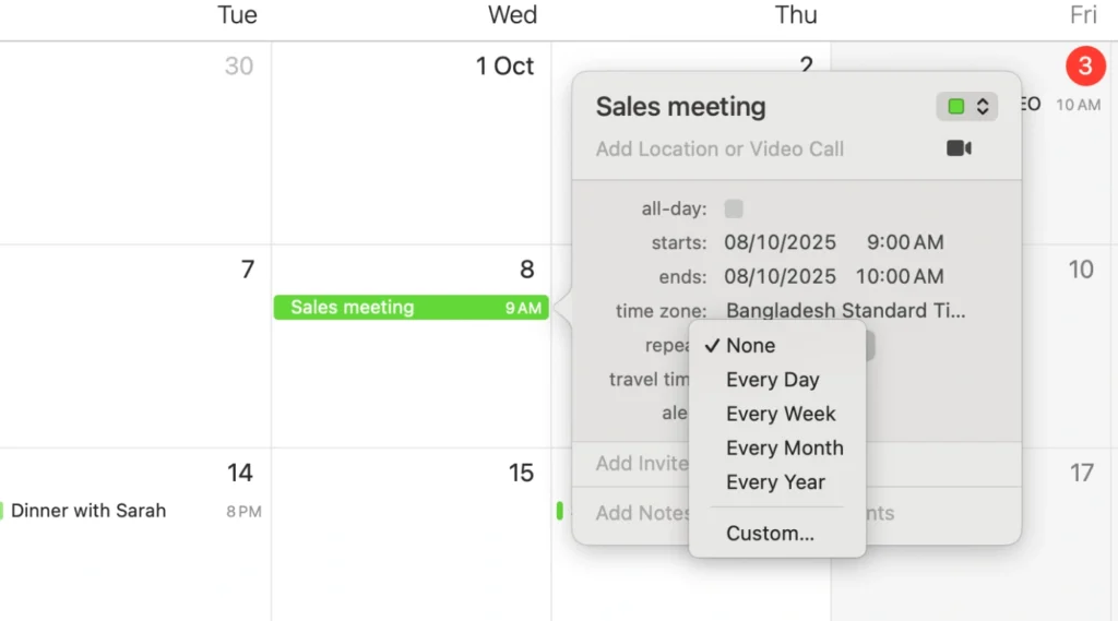 Duplicate Events for Recurring Plans in apple calendar on mac